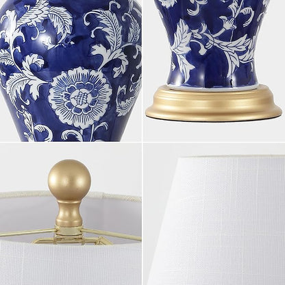 JONATHAN Y JYL3009E Grace 24" French Country Cottage Ceramic/Iron Floral Urn LED Table Lamp, Navy/White for Bedroom, Living Room, Office, College