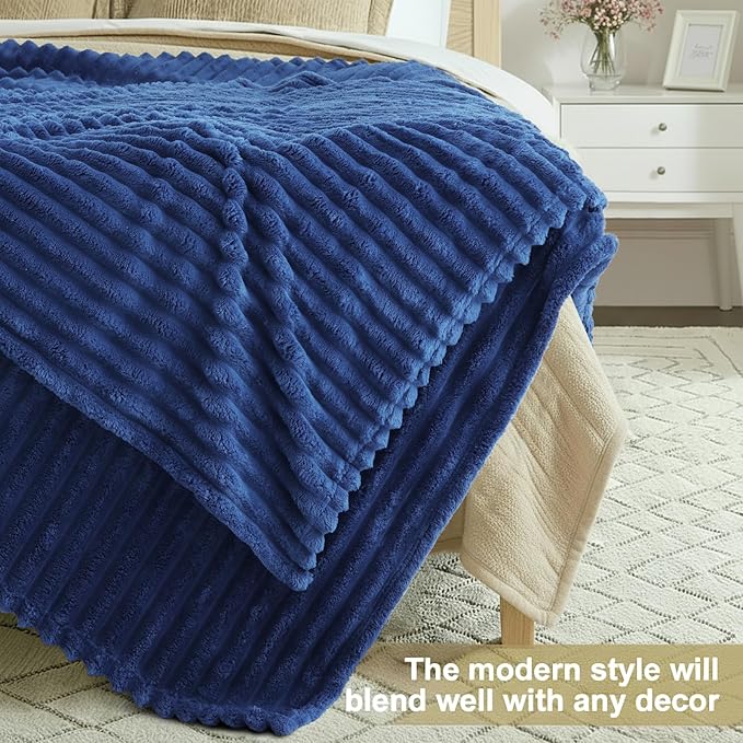 decorUhome Soft Fleece Navy Blue Twin Blanket for Bed, Cozy Fluffy Plush Flannel Striped Throws for Couch Sofa, Lightweight Decorative Ribbed Fuzzy Blanket for Woman, 60x80 Inches