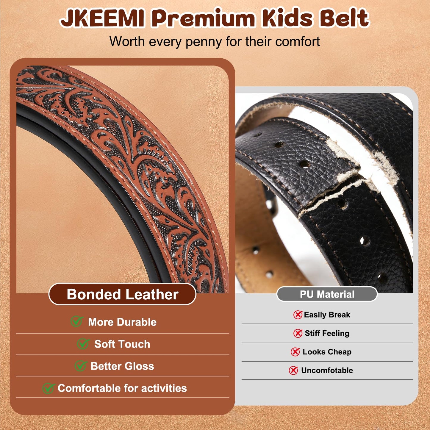 JKEEMI Kids Western Belt, 1.1'' Width Girls Boys Cowboy Leather Belt with Vintage Buckle & Floral Curved - for Jeans Dresses