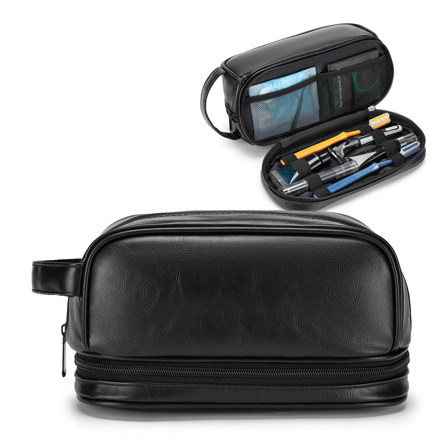 COSCOOA PU Leather Toiletry Bag for Men, Water Resistant Mens Hanging Toiletry Travel Makeup Bag, Travel Essentials Shaving Bag with Large Capacity Suitable for Bathroom Settings, Black