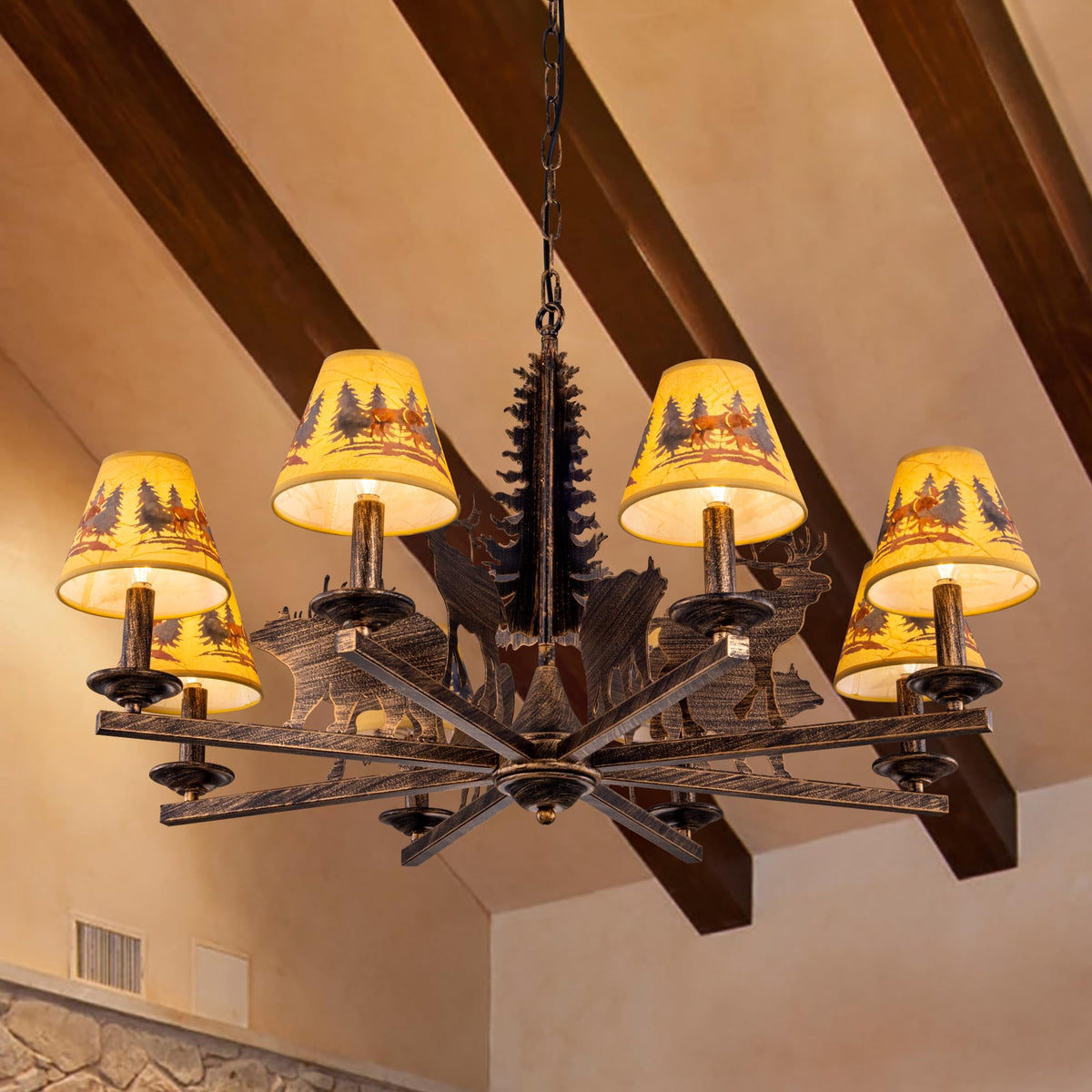 TOCHIC 8-Light Western Chandelier for Dining Room, Farmhouse Chandelier with Lampshade, Rustic Bronze Christmas Tree Bear Wildlife Light Fixture for Living Room Bedroom Kitchen Foyer Cabin, 35.5" D