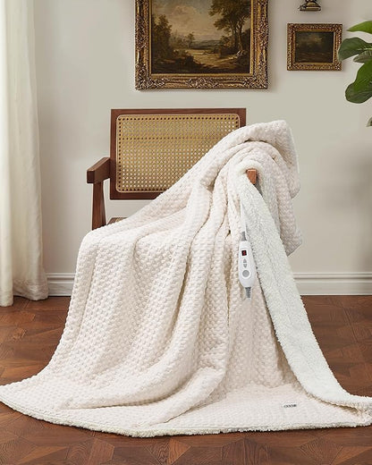 CAROMIO Heated Blanket Twin Size, Waffle Weave Electric Throw Blanket Fast Heating with LCD Controller, 10 Heat Levels & 1-12H Time Settings Auto Off, ETL Certified, Beige, 62" x 84"