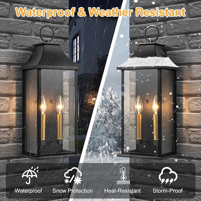 Dusk to Dawn Outdoor Wall Lantern 2-Light, 20.6" Large Outside Wall Sconce, Modern Black Wall Light Fixture with Glass, Waterproof Exterior Lamp for House, Porch, Garage