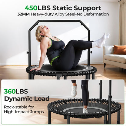 BCAN BT2 450/550LBS Mini Rebounder Trampoline for Adults with Bar, Fitness Trampoline with Bungees, Adjustable Handle, Stable & Quiet, Indoor Outdoor, Whole-Body Workout & Relaxation at Home-40IN-SLV