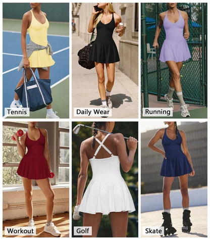 Hragc Women's Sexy V Neck Pleated Flowy Tennis Black Dress for Women Medium Athletic Golf Workou Active Summer Sleeveless Tank Mini Dresses with Shorts Pockets