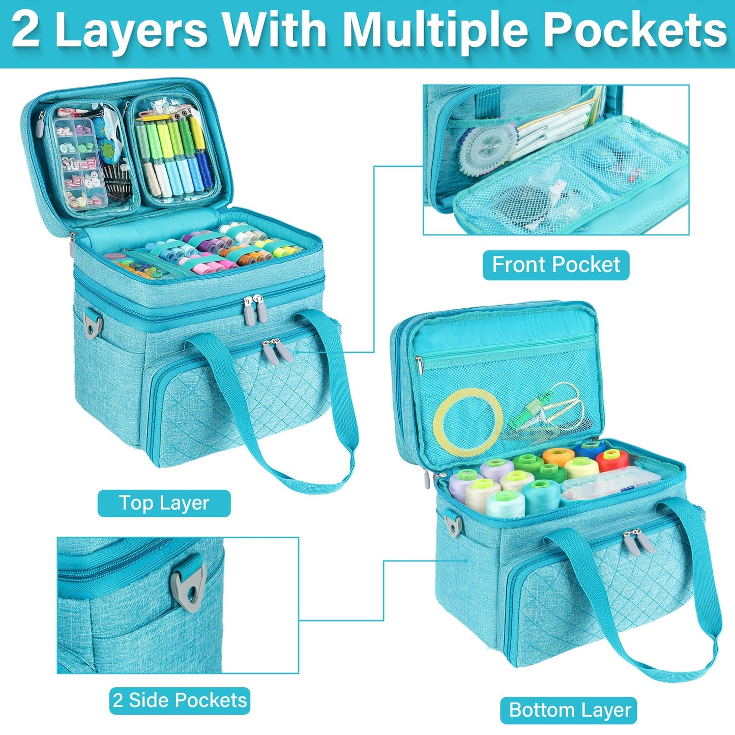 MRINCA Sewing Accessories Organizer Bag, Double Layer Sewing Storage Bag with Shoulder Strap, 2 Detachable Pouches, Large Portable Sewing Travel Case for Supplies, Thread, Scissors, Tools (Blue)