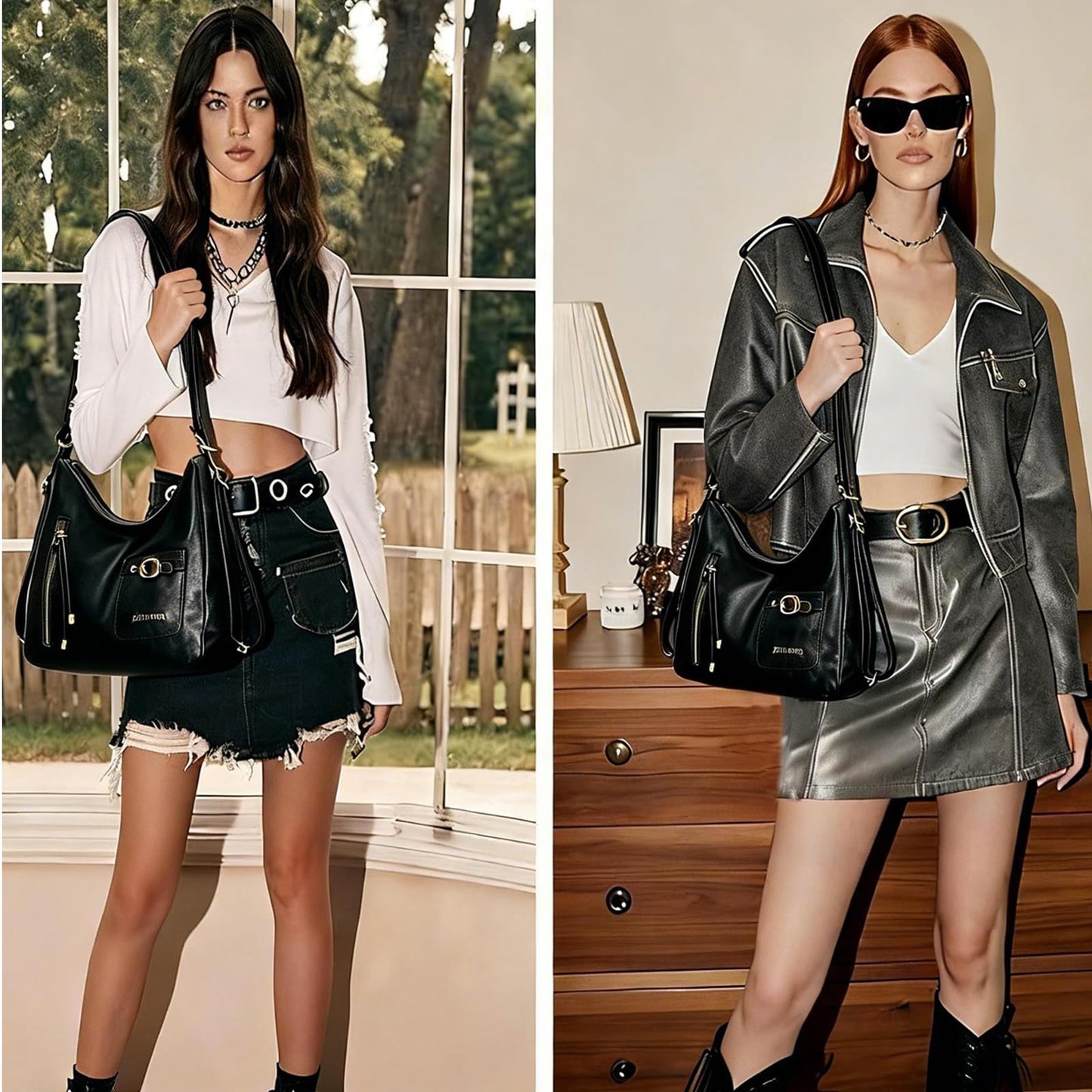 AFMKTICA Y2K Trendy Purse for Women, Leather Buckle Punk Hobo Clutch Purses Bags for Ladies Top Handle Shoulder Bag (Bigblack)