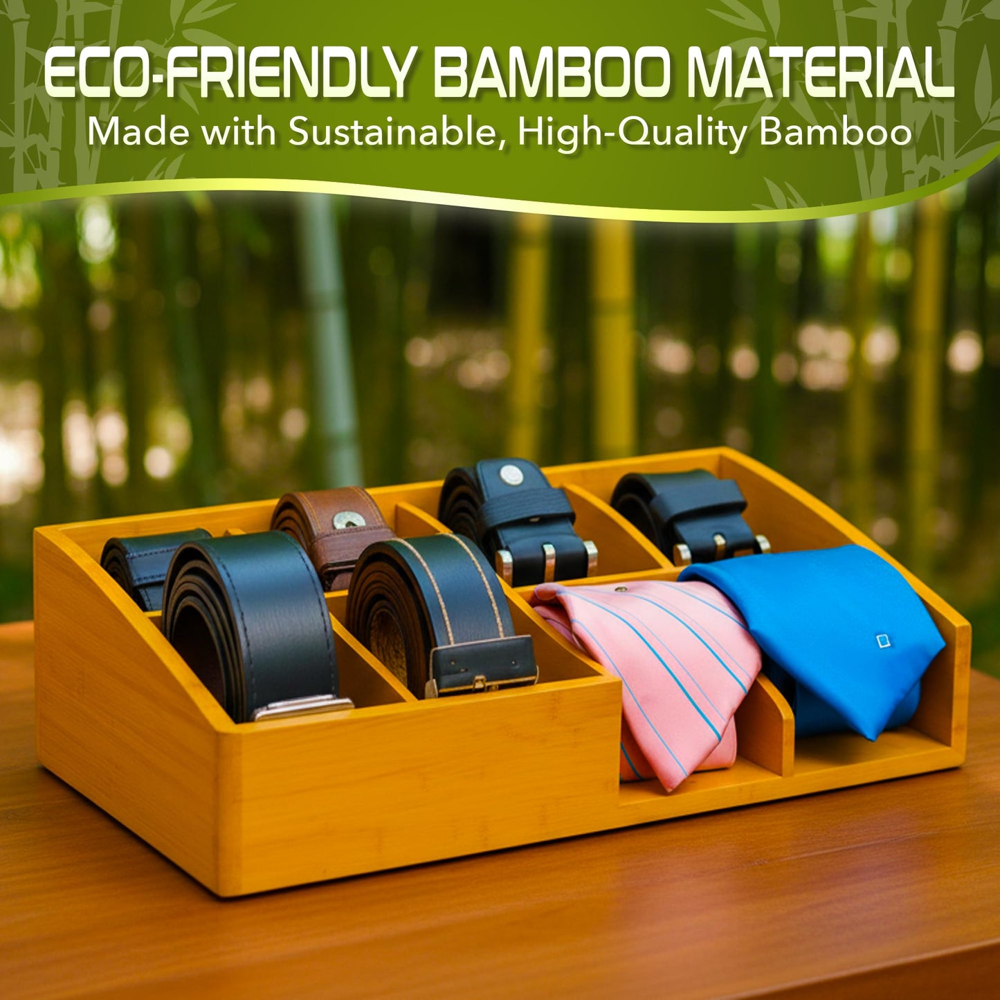 Belt Organizer for Closet and Drawer – 8 Compartments Bamboo Storage Box for Belts and Ties – Eco-Friendly Natural Bamboo