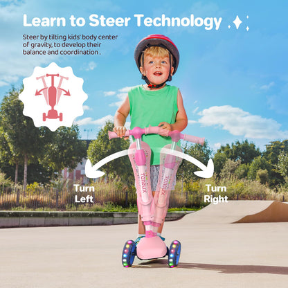 TONBUX Kids Scooter with Seat, 3 Wheels Scooter with PU Luminous Wheels, Non-Slip Handle and Wide Deck, Sensitive Brakes, 4-Level Adjustable Height, Scooters for Kids 2–8 Years Pink