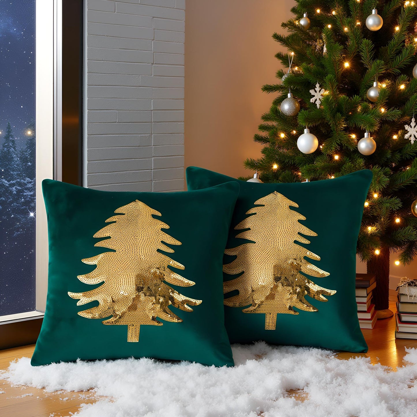 Tosleo Christmas Pillowcases 18 x 18 inch Set of 2 Dark Green Xmas Tree Sequins Throw Pillow Cover Christmas Pillow case Party Decorations Winter Holiday Cushion Cases
