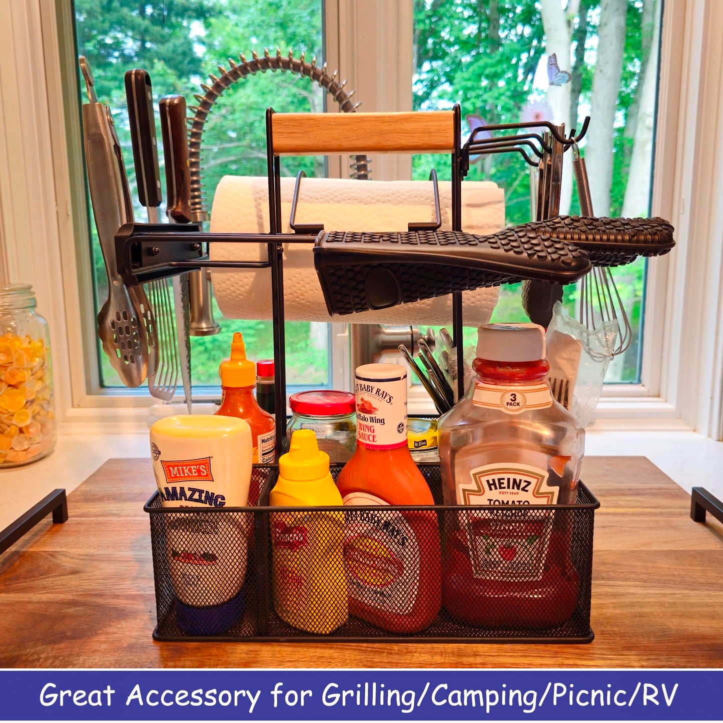 Geesta Grill Caddy for Outdoor Grill, BBQ Picnic Camping Caddy with Paper Towel Holder & Magnetic Tool Holder, Condiment Storage Utensil Kitchen Organizer for RV Camper, Tailgate Accessories