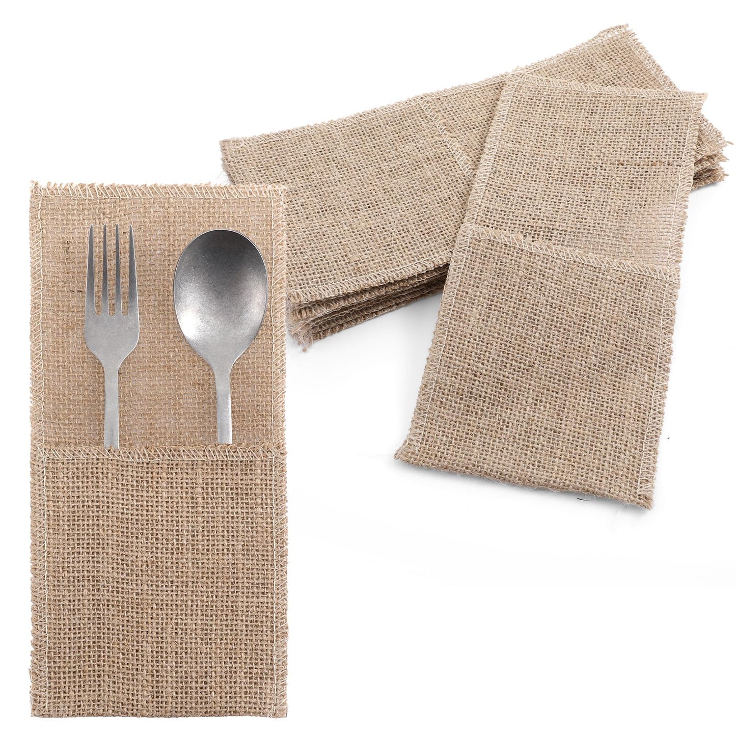 AojSup 50 Pcs Burlap Utensil Holder Pouch Set - 4 x 8.8 Inch Natural Jute Cutlery Pouch for Wedding Party Decor, Reusable Silverware Bags with Deep Pockets for Knives Forks Spoons