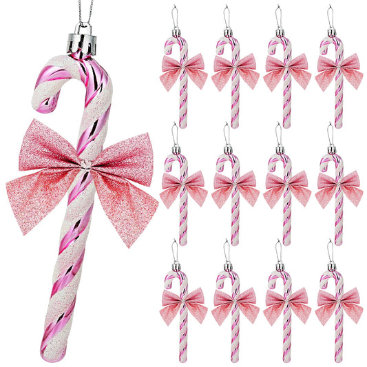 FYFLED Candy Cane Christmas Tree Decorations - 12 Pcs Candy Cane Ornaments for Tree, Glitter Candy Cane Bows for Xmas Tree Hanging Ornament Festival Party Home Decor, Pink