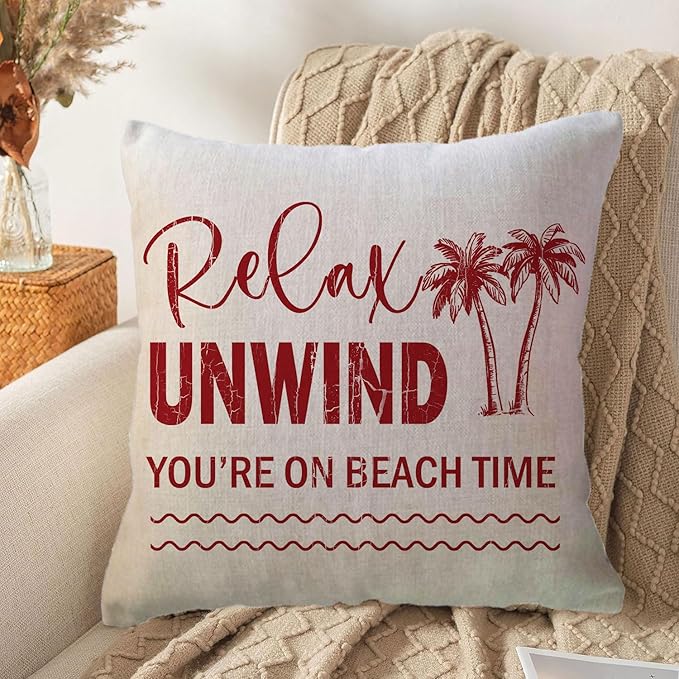 ULOVE LOVE YOURSELF Coastal Beach Throw Cushion Covers Double-Sided Tropical Palm Paddles Anchor Starfish Summer Beach House Decorative Pillowcase 18 x 18 Inch 4Pack Porch Patio Decor (Red)