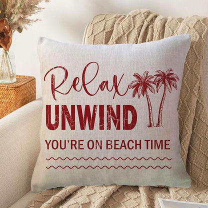 ULOVE LOVE YOURSELF Coastal Beach Throw Cushion Covers Double-Sided Tropical Palm Paddles Anchor Starfish Summer Beach House Decorative Pillowcase 18 x 18 Inch 4Pack Porch Patio Decor (Red)