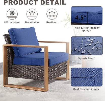 Rilyson Outdoor Wicker Patio Furniture Set - 6 Piece Patio Conversation Set with 2 Wicker Armrest Chairs,2 Rattan Ottoman,1 Side Table and 1 Couch,Sturdy Frame,Thick Cushions,Deep Seating(Brown/Blue)