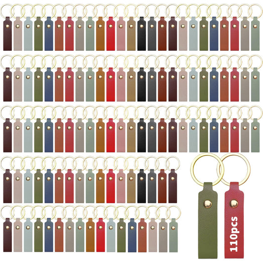LECEHIVO 110 Pcs PU Leather Keychain Blanks Bulk with Key Rings 3.7 x 0.7 Inches DIY Craft Keychains Laser Engraving Kit (Multicolor)