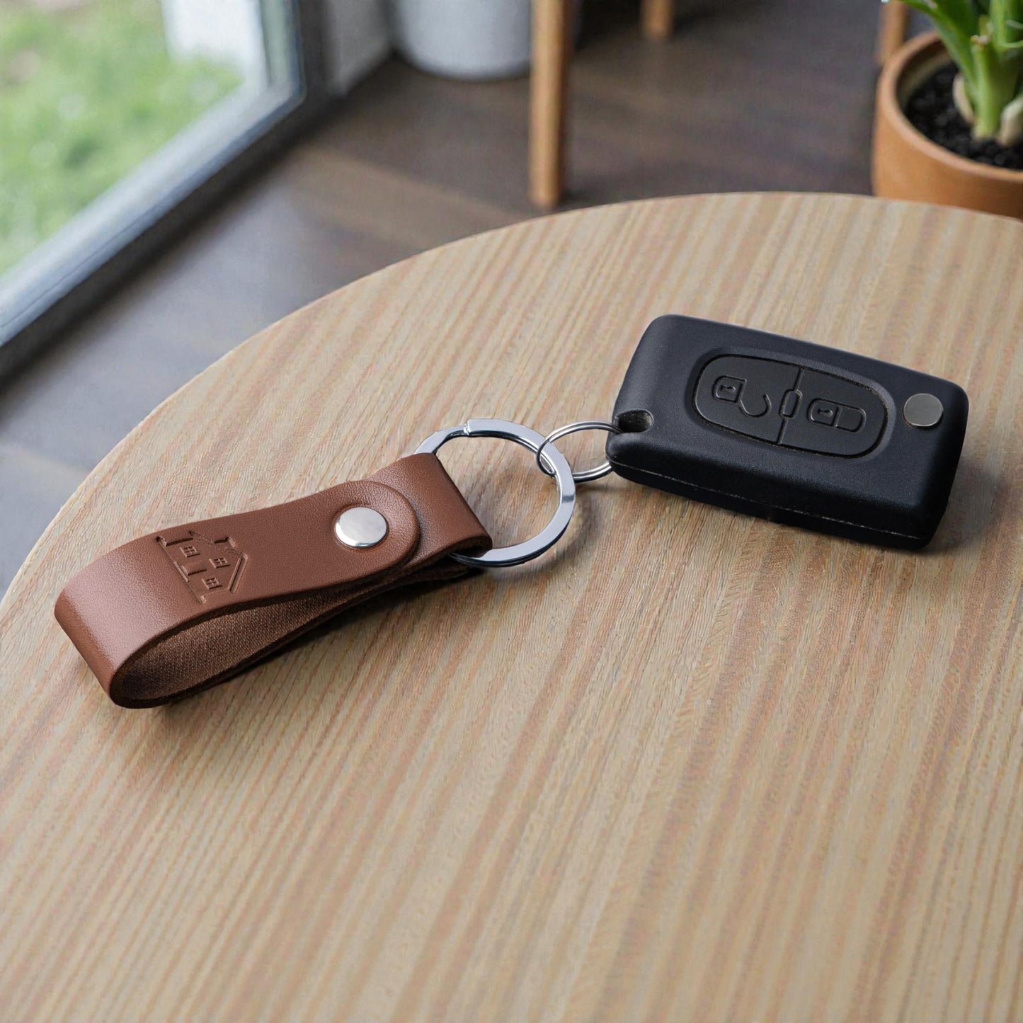 MAGOR Handmade Full Grain Leather Keychain Personalised Keychain for Men Women Car Key Ring Gift for Him Her Dad Mom Premium Brown Leather Keyring Hot Embossed Design (House)
