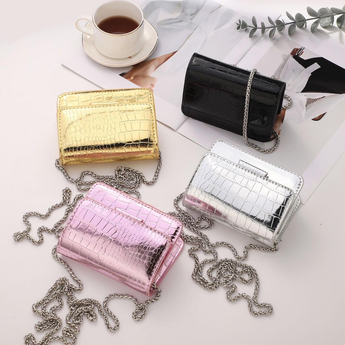 Sightor Silver Mini Crossbody Bag for Women, PU Leather Small Evening Purse, Dressy Clutch Handbag for Nightclub Parties (Pink)