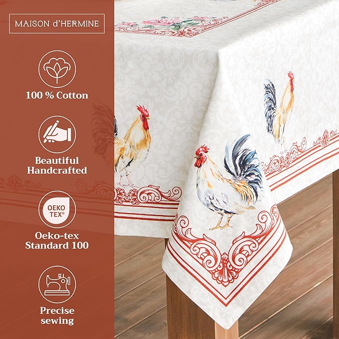 Maison d' Hermine Table Cloth Rectangle Table 100% Cotton 70 x 108 Inches Tablecloth Reusable Decorative Everyday Use for Dining Room, Farmhouse, Home Party, Festive & Wedding Spring Summer - Campagne