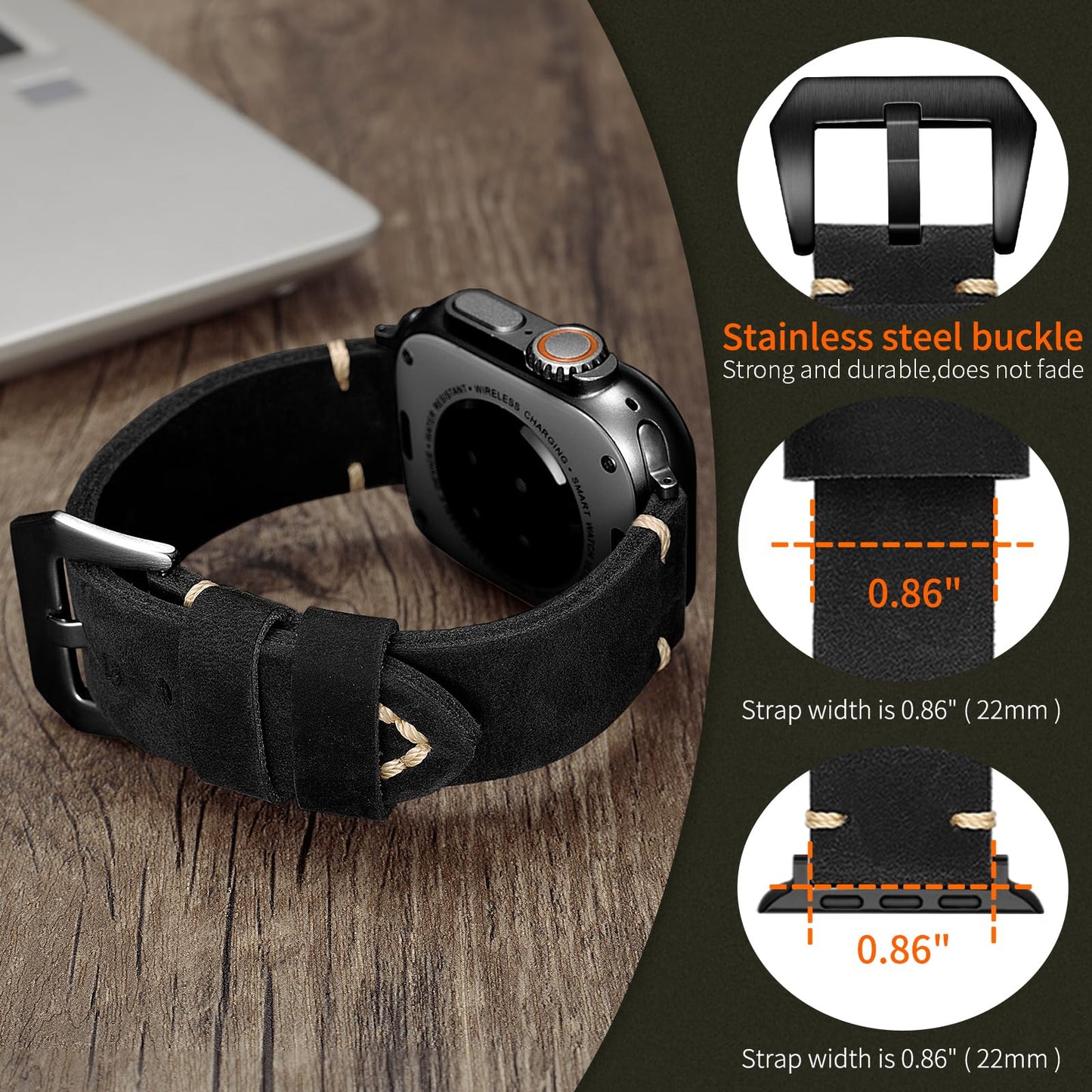 Handmade Double Sided Leather Bands Compatible with Apple Watch Ultra 2/Ultra Band 49mm 46mm 45mm 44mm 42mm ，Men Retro Design Grain Genuine Leather Band For iWatch Series SE 10 9 8 7 6 5 4 3 2 1