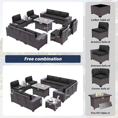 Kurapika 13 Pieces Patio Furniture Set, Rattan Wicker Outdoor Conversation Sets w/43in Propane Fire Pit Table(Black)