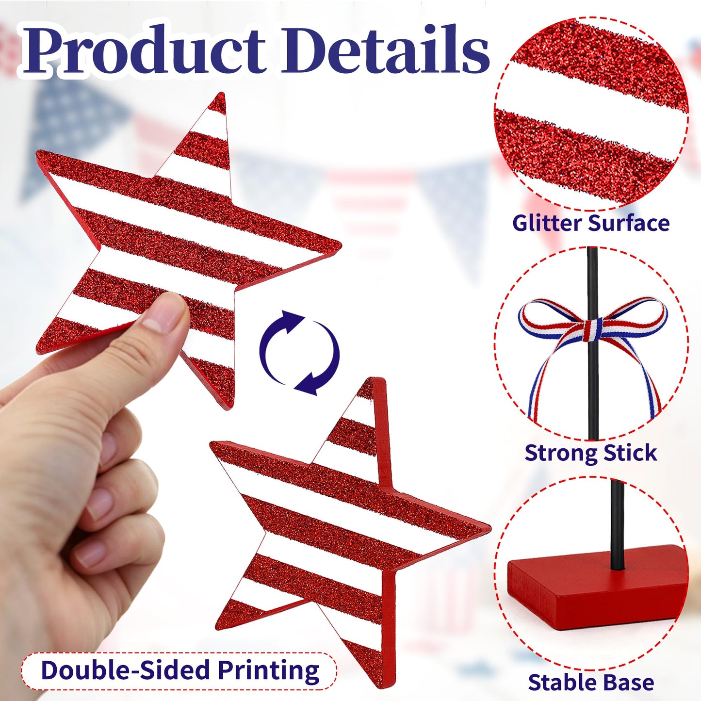 3 Pcs 4th of July Table Decoration Wooden Sign, Glitter Red White Blue Star Patriotic Table Centerpiece Fourth of July Tabletop Decorations Memorial Day Tiered Tray Decor for Home Office