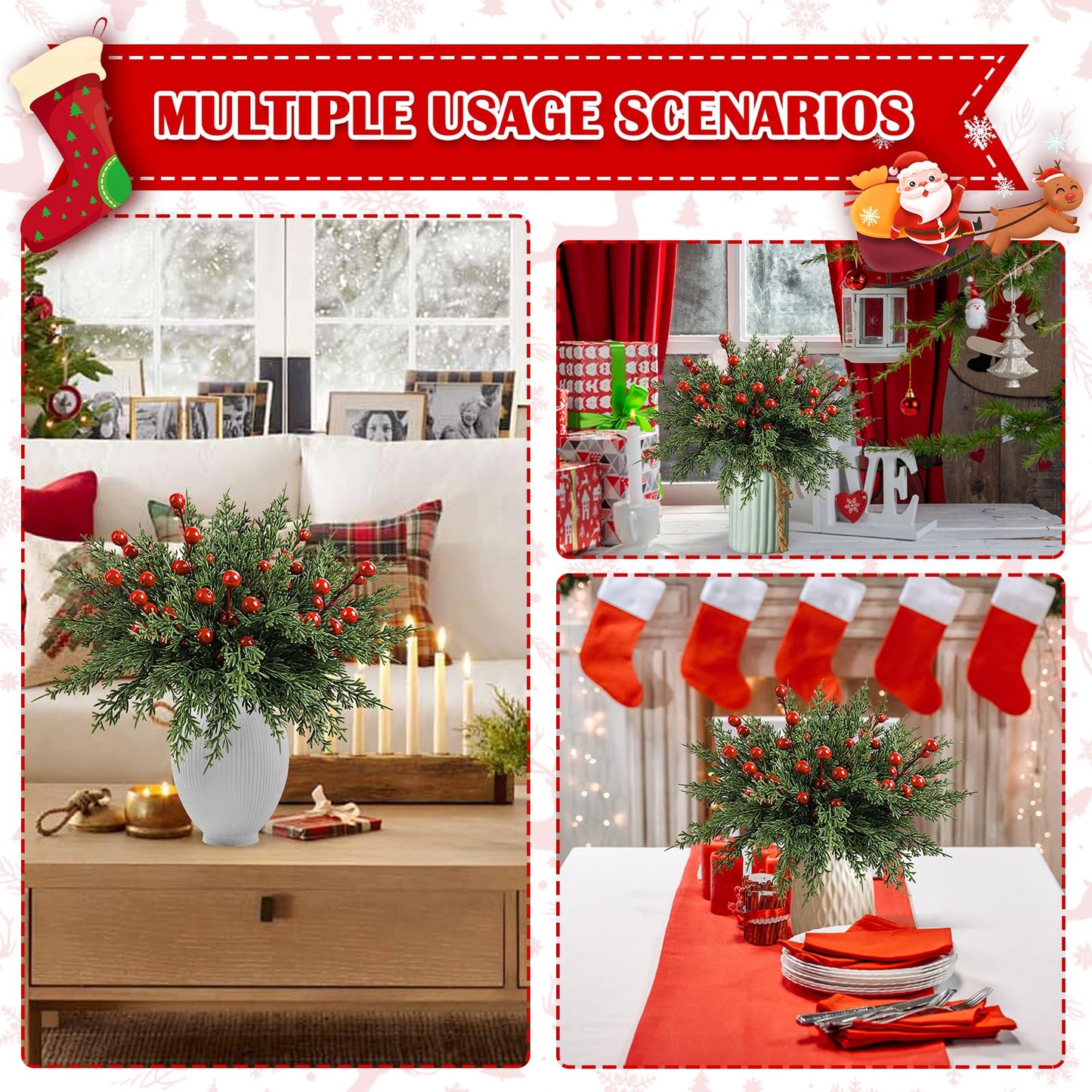 60Pcs Christmas Decorations-11.8'' Artificial Pine Branches with 7.9'' Red Berry Stems, Christmas Decor Faux Pine Greenery Stems, Christmas Tree Decorations & Christmas Picks for Indoor Outdoor