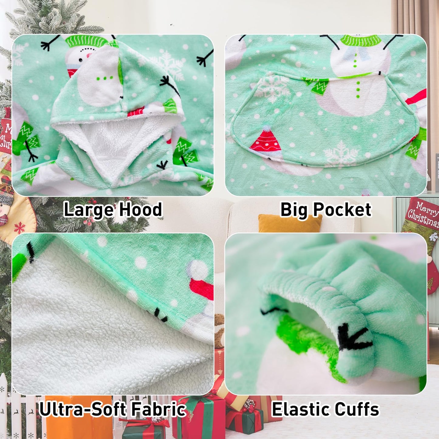 Moinlizy Wearable Blanket Hoodie, Long Thick Hooded Blanket Oversized for Adults Women Men with Pocket and Sleeves, Christmas Green Snowman