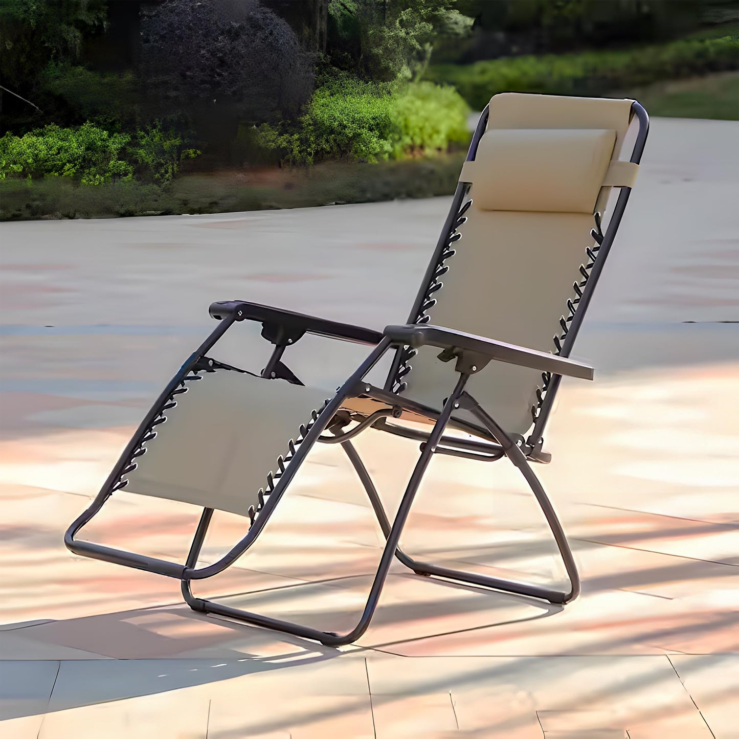 Caravan Sports Zero Gravity Outdoor Portable Folding Camping Lawn Deck Patio Pool Recliner Lounge Chair for Adults, Adjustable Headrest, Beige