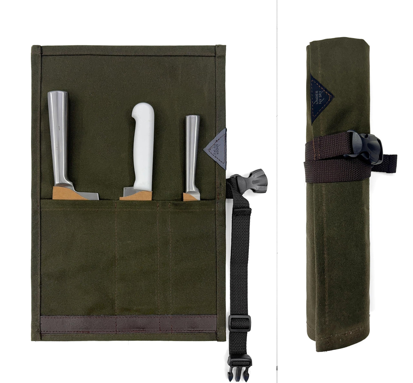 Under NY Sky Knife Roll Case - 3 Slots - Heavy Duty Waxed Canvas Pouch - Leather Reinforced - Portable Bag for Cooking Tools, Utensils, Cutlery Knives, Brushes - Chefs, Kitchen, Travel, Gift - GreenCV