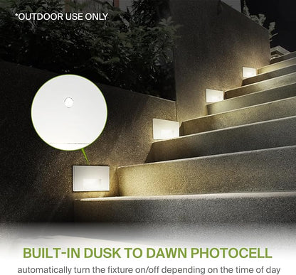 ASD LED Recessed Step Light Fixture, Dusk to Dawn Outdoor Stair Tread Lighting | 3CCT, Photocell, Waterproof, ETL Listed | 3W 120LM 3000K-5000K 120V | Staircase Hardwired Illumination | White