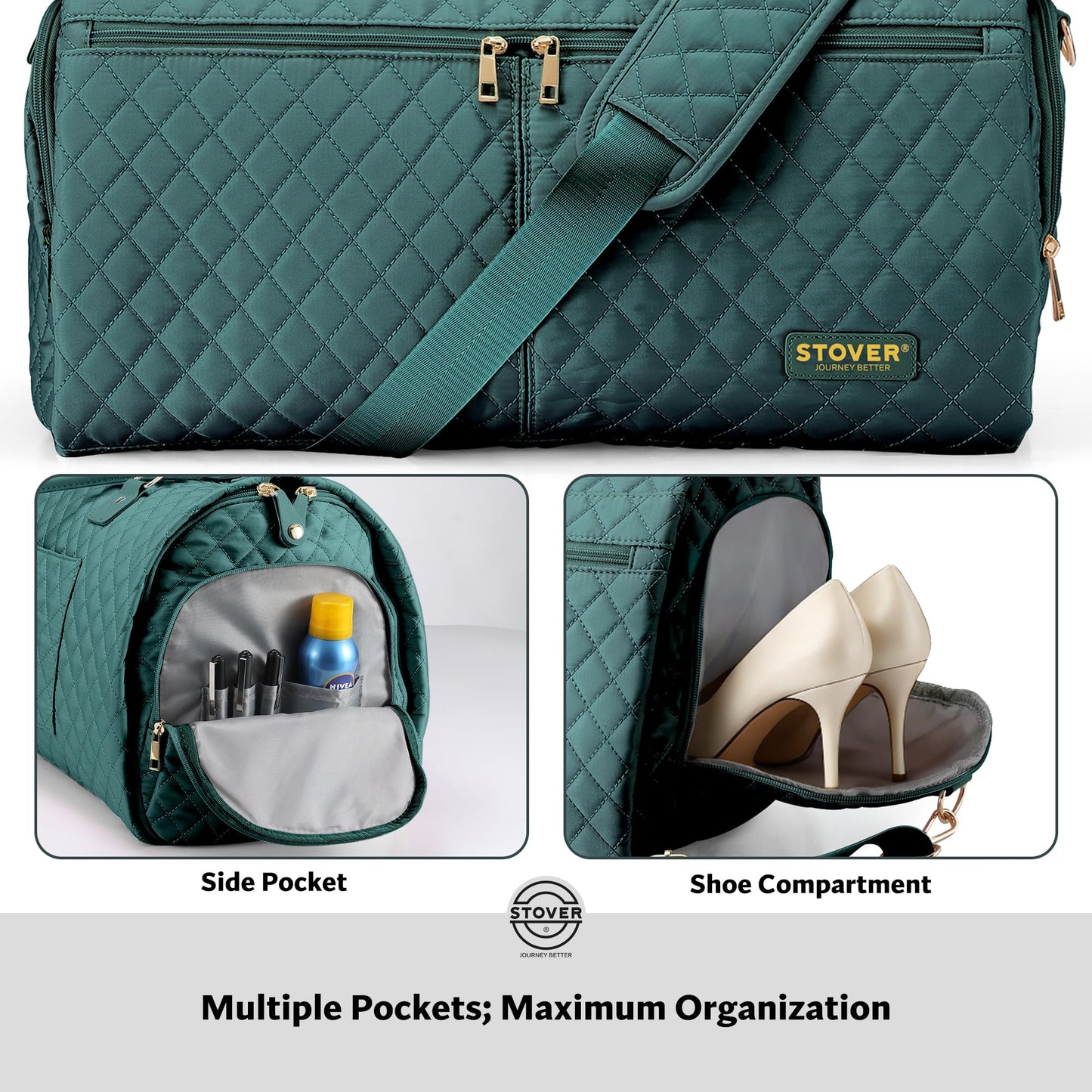 STOVER Women’s Convertible Garment Duffel Bag for Travel – 2-in-1 Carry-On Weekender/Overnight Tote - Wrinkle-Free Dresses, Suits & Clothes + Shoe Compartment & Bonus Toiletry Bag (Emerald Green)