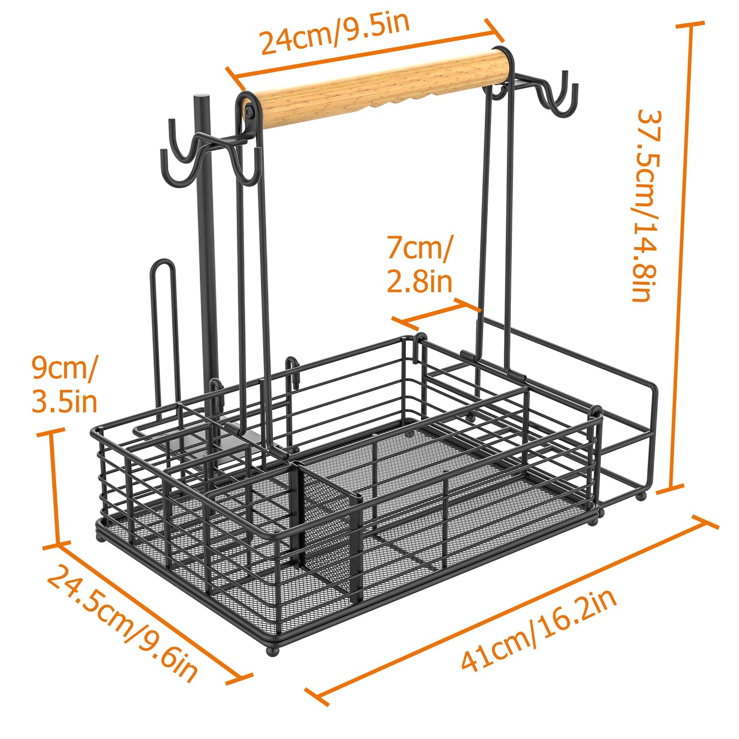 Toncoke Large Grill Caddy with Paper Towel Holder & Side Hooks, All-in-One BBQ Tool Organizer with Adjustable Dividers, Rustproof for Outdoor Kitchen, Camping, RV - Black