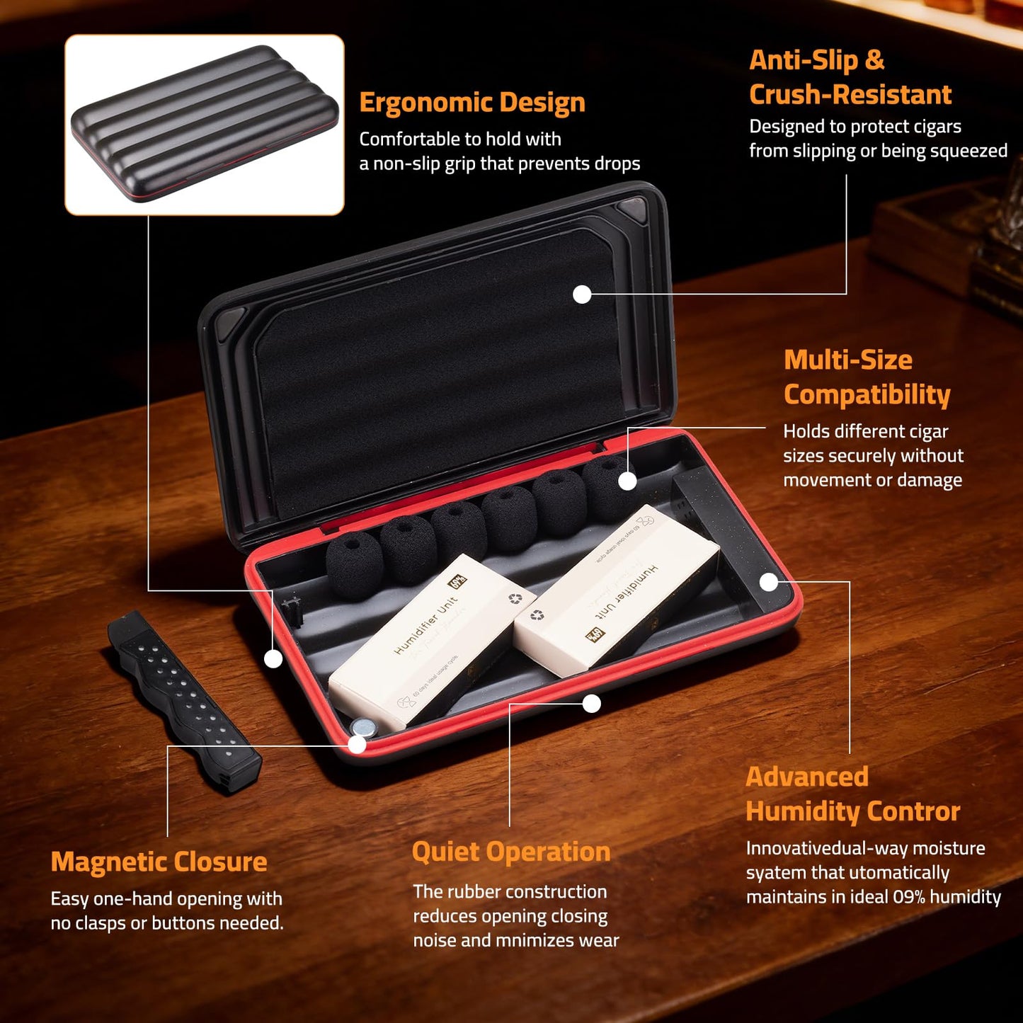 Portable Cigar Humidor Case, Magnetic Closure, Airtight Two-Way Humidity Control (69% RH) Ultra-Light Travel Cigar Box, Crushproof and Waterproof, Replaceable Humidifier Disc, Holds up to 5 Cigars
