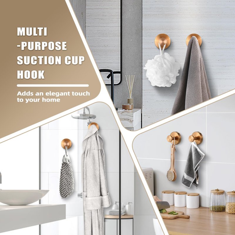 Fenas Suction Cup Hooks for Shower No-Drill Bathroom Hooks for Towels, Robes, Loofah Mountable on Bathroom Walls, Kitchen, Glass, Mirrors, Tile and Smooth,Non-Porous Surfaces (2, Champagne Bronze)