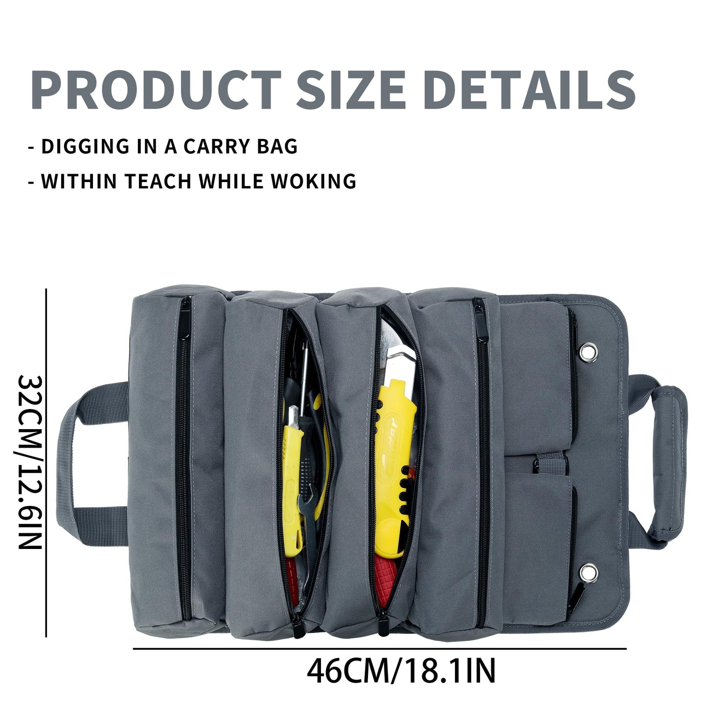 W WINTMING Tool Roll Bag, Tool Bag Organizer, Tool Carrier Roll UP Storage Pouches with 6 Zipper Pockets & Strap, Gifts for Men Mechanic Electrician Hobbyist (Gray)