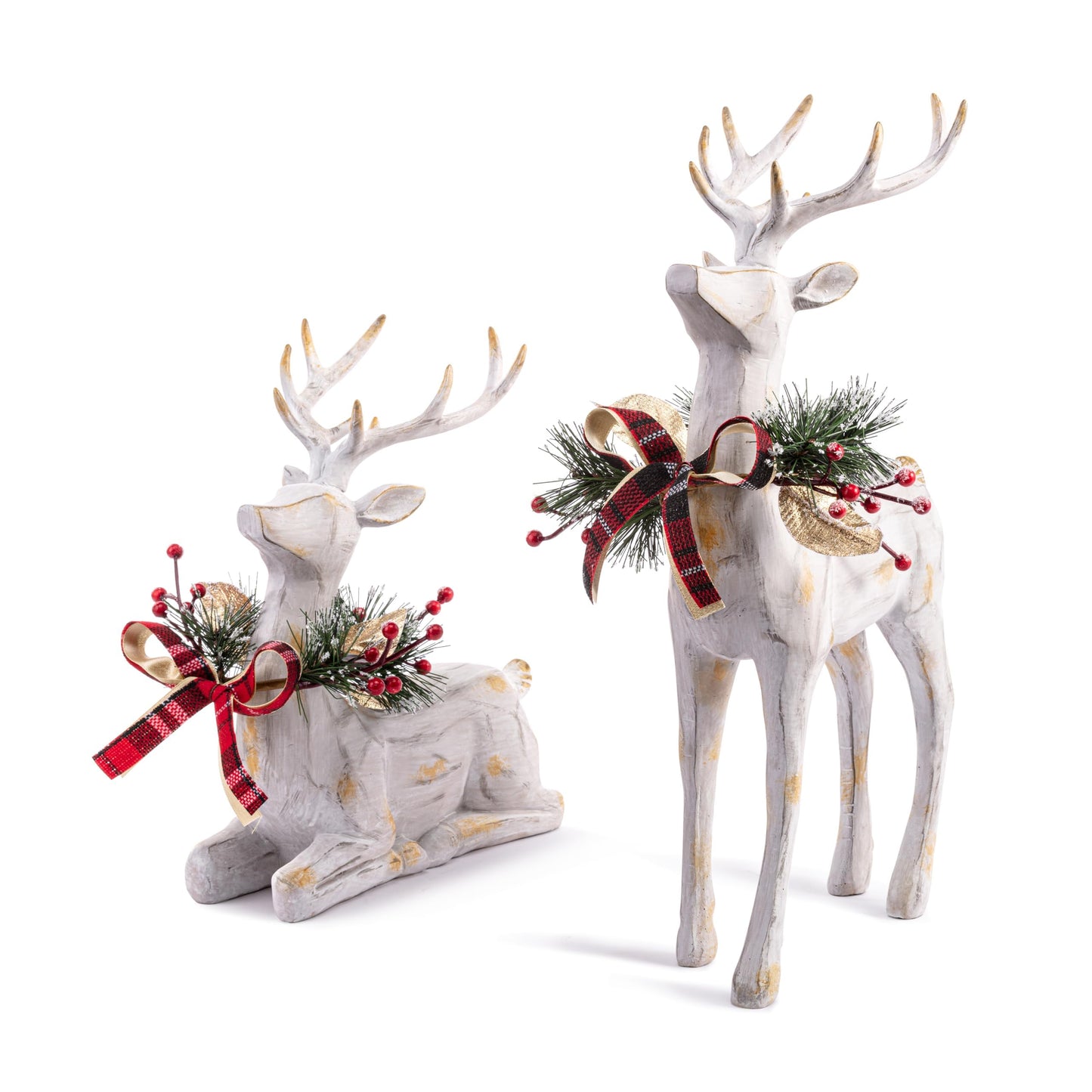 DEMDACO Holly Lodge Reindeer Wearing Plaid Bow Whitewashed Standing 15", Lying 10.5" Acrylic, Resin Large, Festive Holiday Décor, Christmas Decoration Figurine, Set of 2,