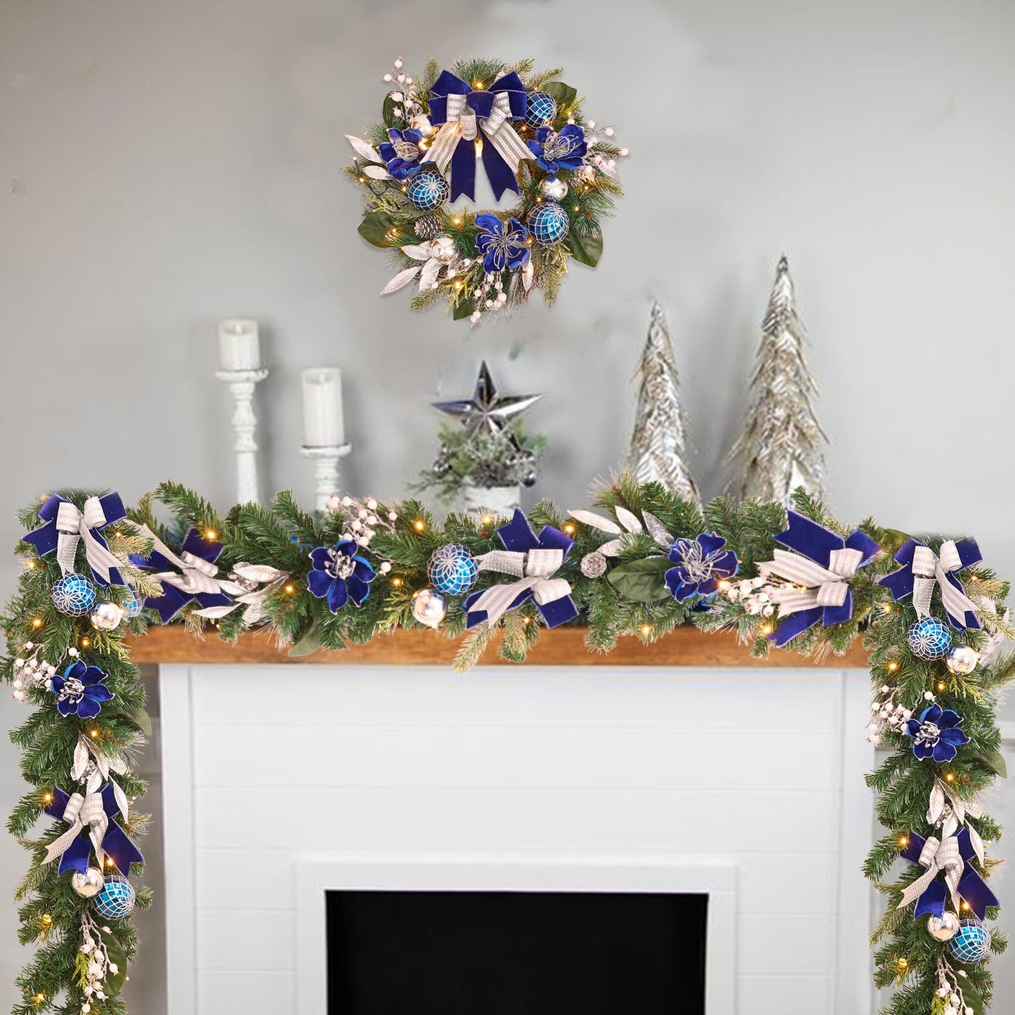 Pre-Lit Christmas Garland for Front Door with 20 LED Lights,6 ft Silver Blue Lighted Christmas Garland for Mantel Fireplace Window Stairs Holiday Decoration with Timer,Magnolia Winter Decor