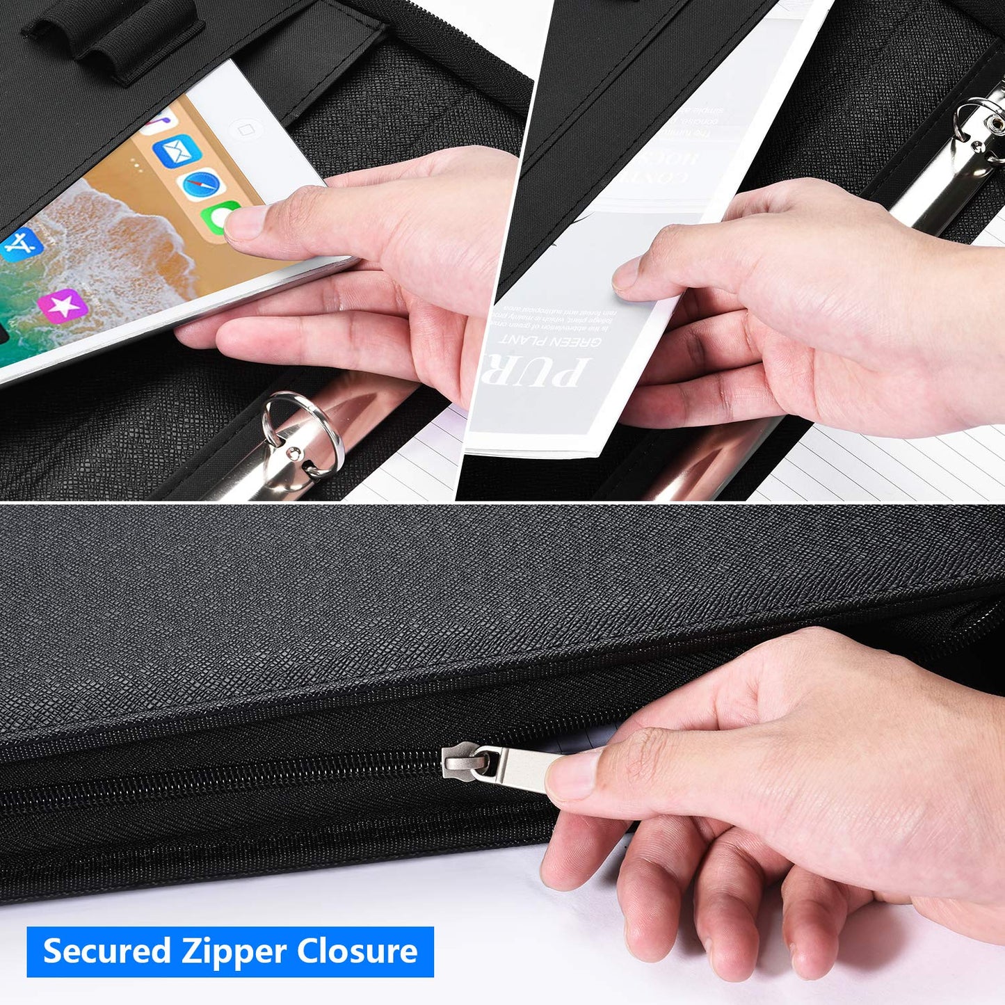 Portfolio Binder, Pacific Mailer 3 Ring Binder Portfolio Organizer with Leather Folder Writing Pad Zipper Business Notebook Binders Tablets Notepads Resumes Documents Holder for Men Women
