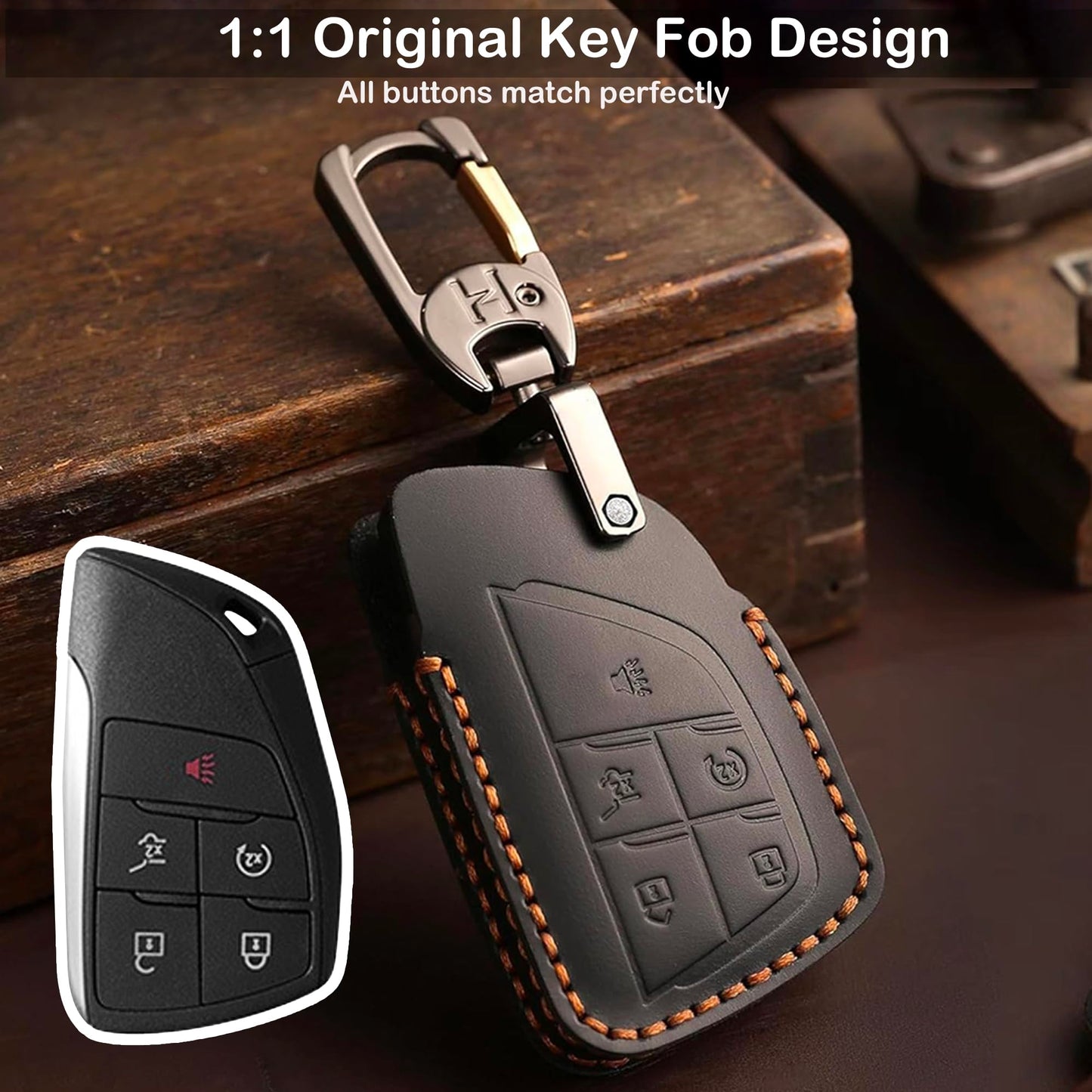 Leather Key Fob Cover for Chevy, Retro Smart Fob Protection Case Compatible with 2021 2022 2023 2024 2025 Chevy Tahoe Suburban GMC Yukon Denali Sierra Silverado Buick (Black, 5 Buttons)
