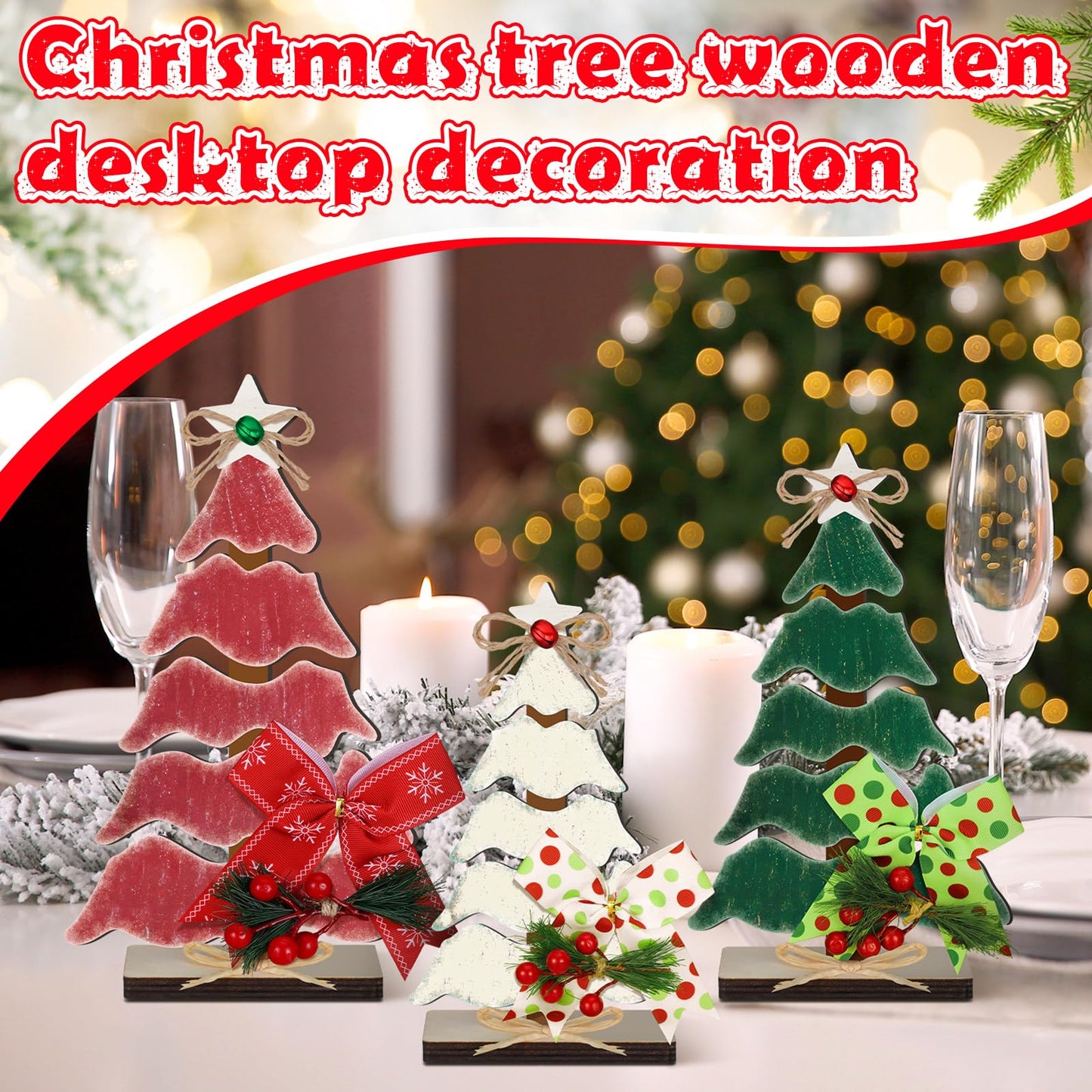 CroBlissful 3 Pcs Wooden Christmas Tree Tabletop Decorations Christmas Centerpieces for Table Rustic Xmas Tiered Tray Decor Table Sign with Hemp Rope Bow Bell for Holiday Party(Classic)