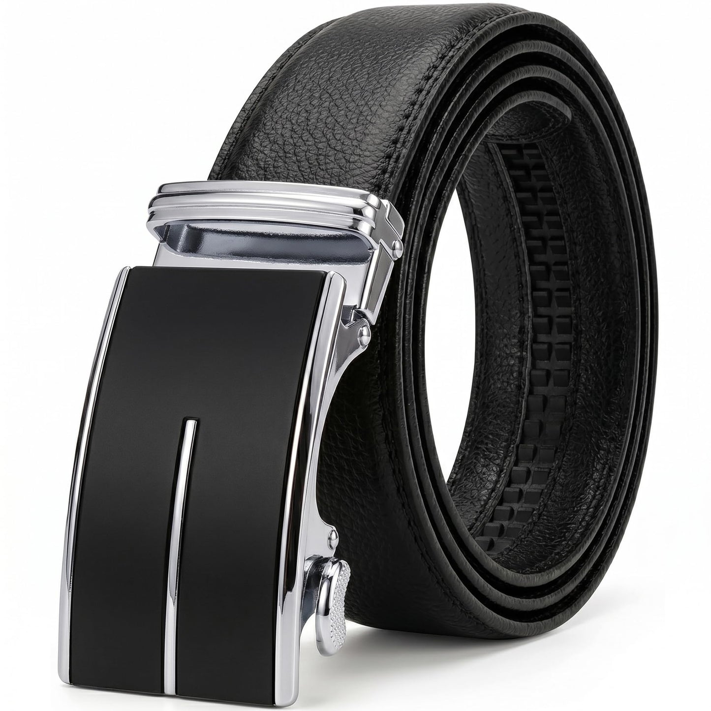JINIU Mens Ratchet Belt Genuine Leather – Automatic Click Buckle Dress Belt with Minimalist Matte Black & Silver Design, Adjustable Trim to Fit Belt for Business, Work and Casual KT1 43"
