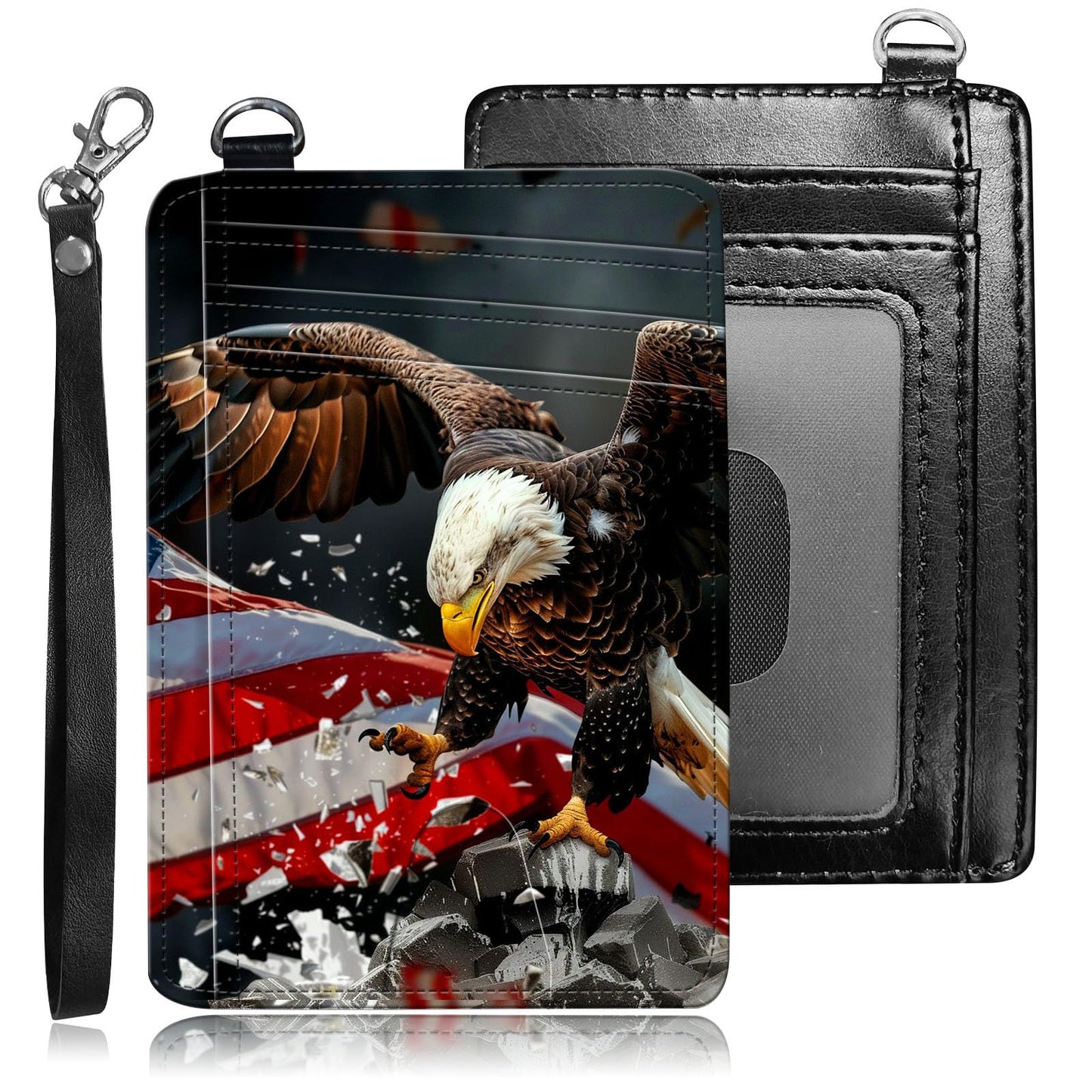 BREIDMKFM Credit Card Holder Slim Wallet,RFID Wallet Women Front Pocket Small Card Holder Travel Cute Thin Minimalist Card Case Leather Flat Wallet with ID Window&Wrist Strap,American Flag Eagle