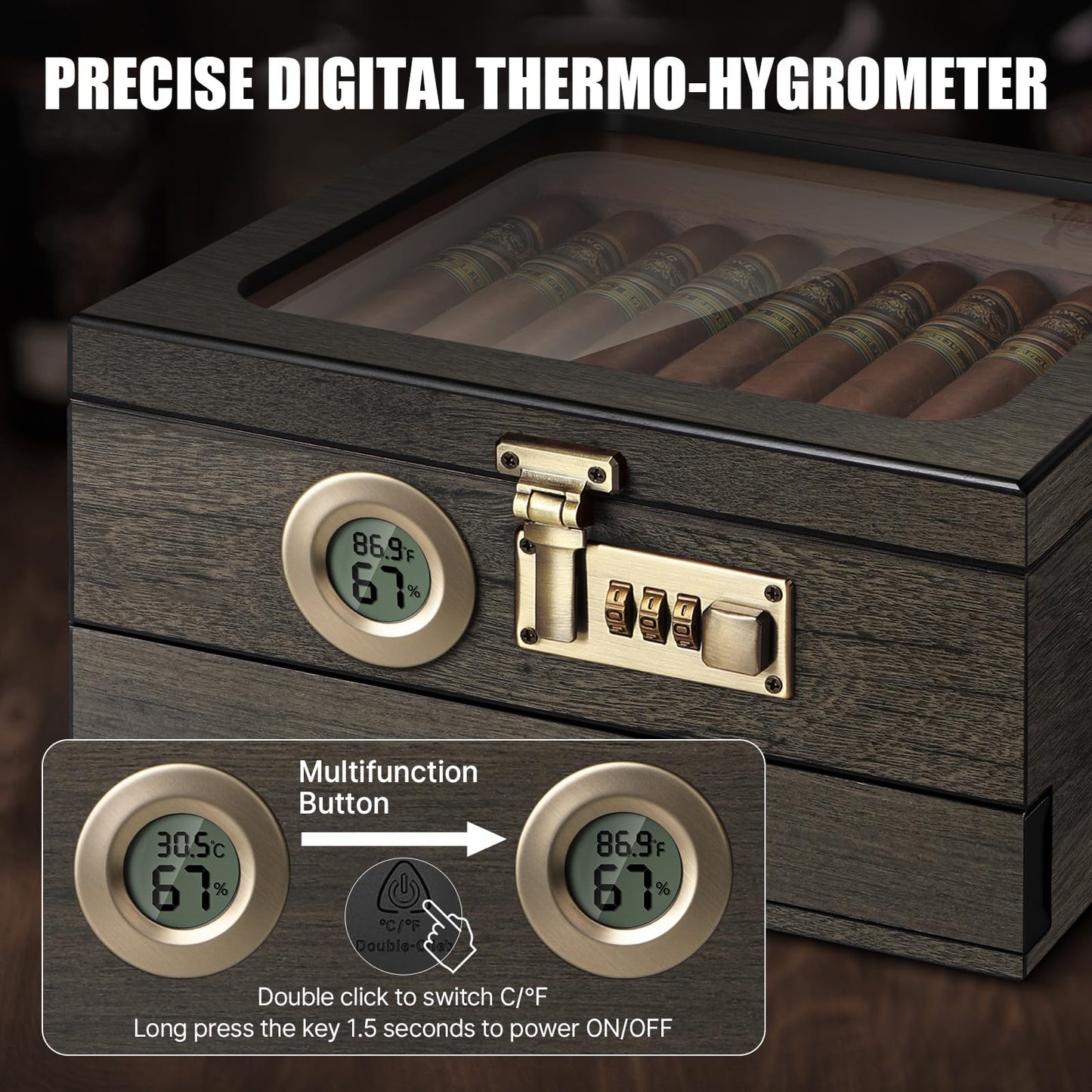 Tesonway Cigar Humidor,Cedar Wood Humidor Cigar Box,Glass Top Desktop Humidor with Digital Thermo-Hygrometer, Humidifier, Divider, Accessories Drawer and Combination Lock,Cigar Gift for Men
