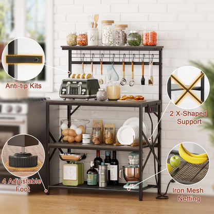 Furologee Kitchen Bakers Rack with Power Outlet, Microwave Oven Stand with Storage 4 Tiers, Coffee Bar Table with 6 S Hooks, Kitchen Storage Shelf Rack for Spices, Pots, Rustic Brown