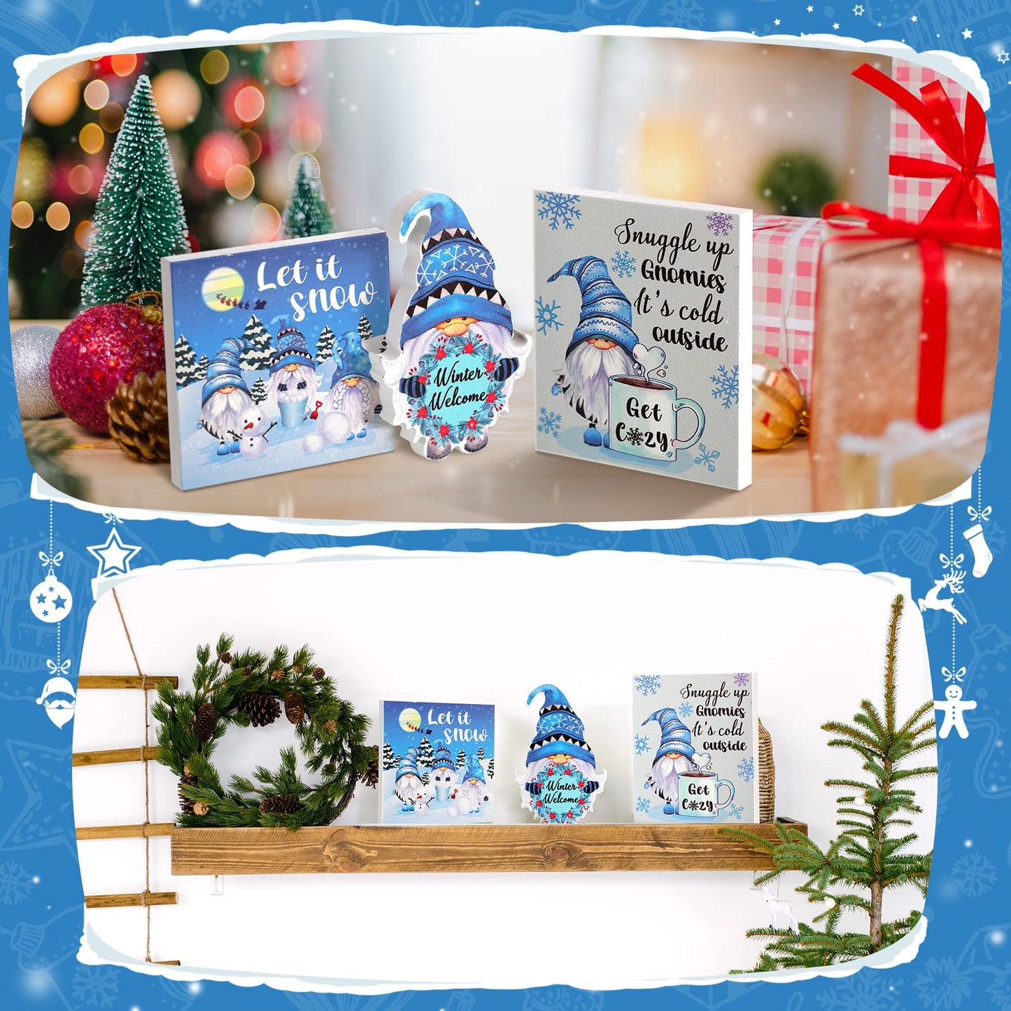 Karenhi 3 Pcs Winter Wooden Gnome Decor Blue Gnomes Tabletop Decorations Plaques Sign Winter Tiered Tray Decor Centerpiece for Home Party Table Desk Fireplace