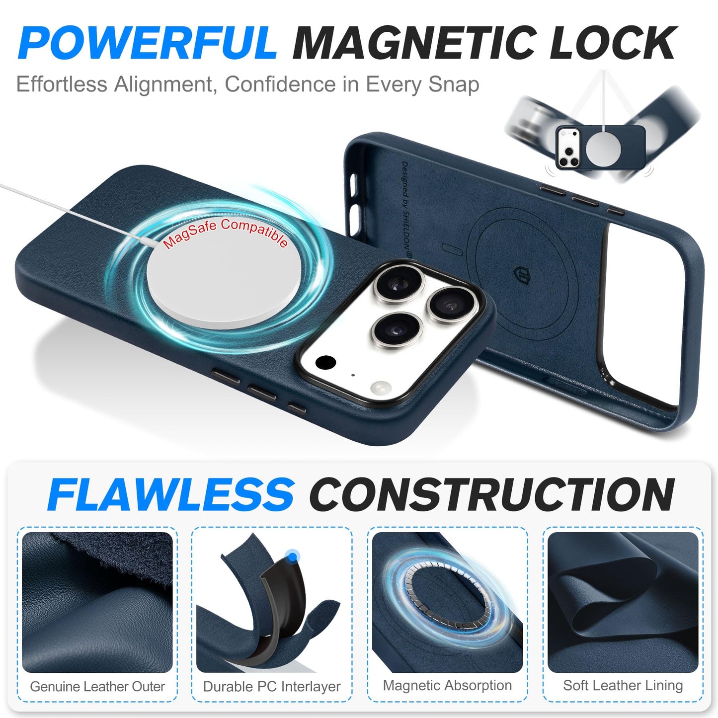 SHIELDON Genuine Leather Case for iPhone 17 Pro Max 6.9" 2025, [Camera Button Updated], Compatible with Magsafe, Magnetic Wireless Charging, Slim Fit, Non-Slip, Anti-Scratch, Shockproof - Navy Blue