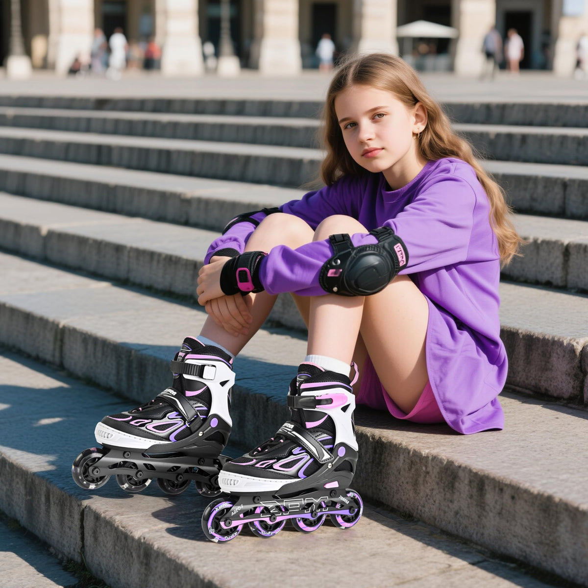 2PM SPORTS Vinal Inline Skates for Girls Boys Kids Ages 5-8 8-12 with Adjustable Illuminating Wheels, Inline Roller Skates for Youth Women Men - Purple Pink Extra Large