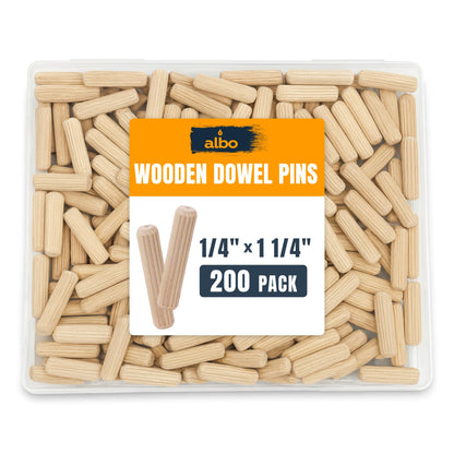 ALBO Wooden Dowel Pins 1/4 x 1-1/4 inch Fluted Wood Dowels Rods 200 Pack Hardwood Crafts Dowel Pegs
